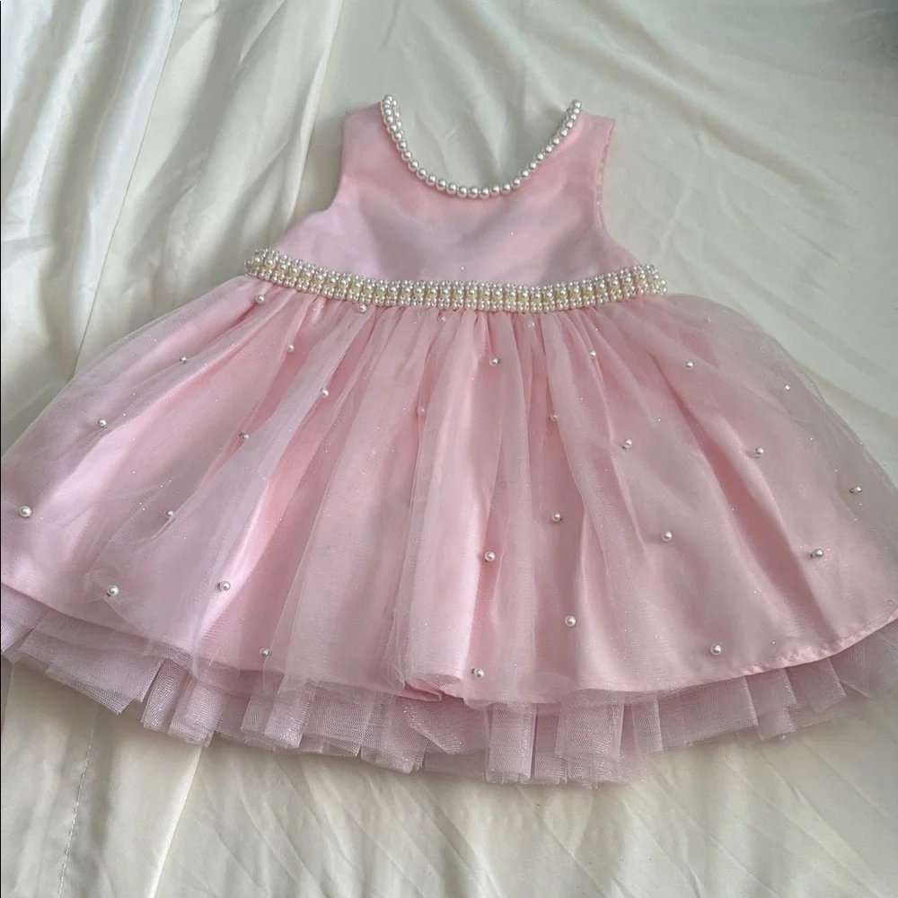 Girls' Pink Pearl-Trim Formal Dress